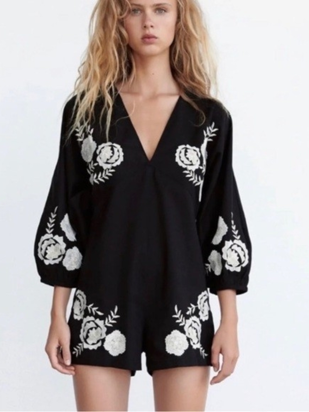 VINTAGE STYLE ZARA EMBROIDERED LINEN PLAYSUIT ROMPER BLACK ECRU XS